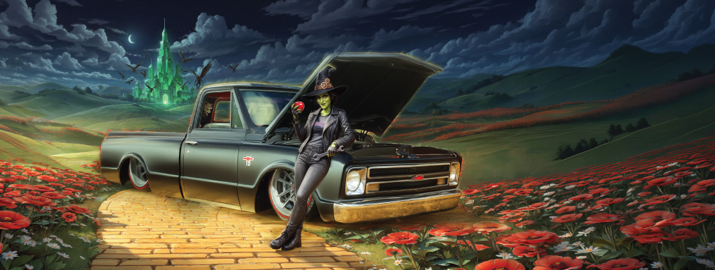Haulin' Oz 2026 cover image featuring the wicked witch in front of a Chevy truck on the yellow brick road running through a field of poppies. The Emerald City and flying monkeys can be seen in the distance.